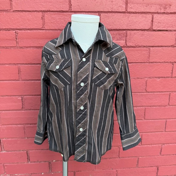 Wrangler Other - Wrangler Western Shirt Kids Striped Brown Cowboy Long‎ Sleeve Cotton Blend